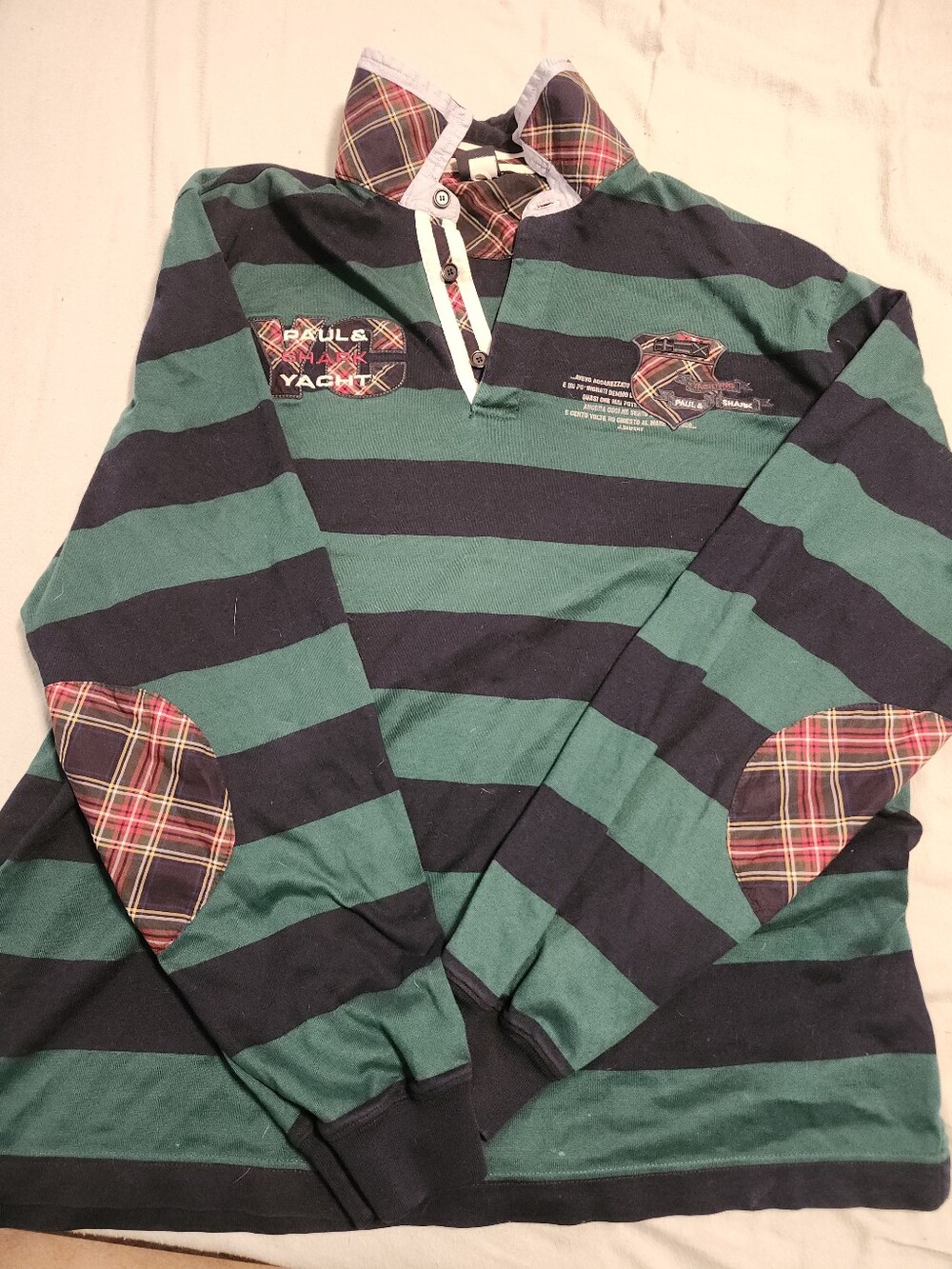 Paul & Shark Green and Navy Striped Rugby Pullover